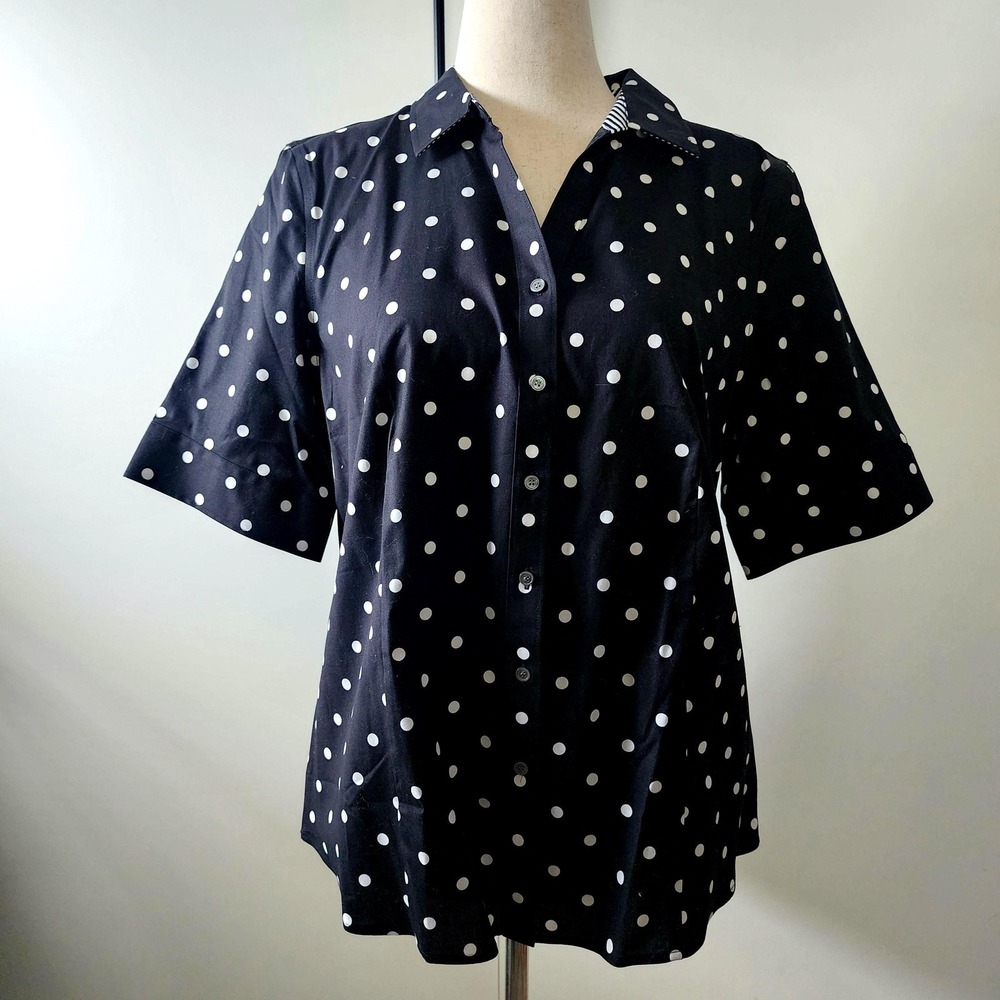 16 Talbots button up collared short sleeve blouse black with white polka dots